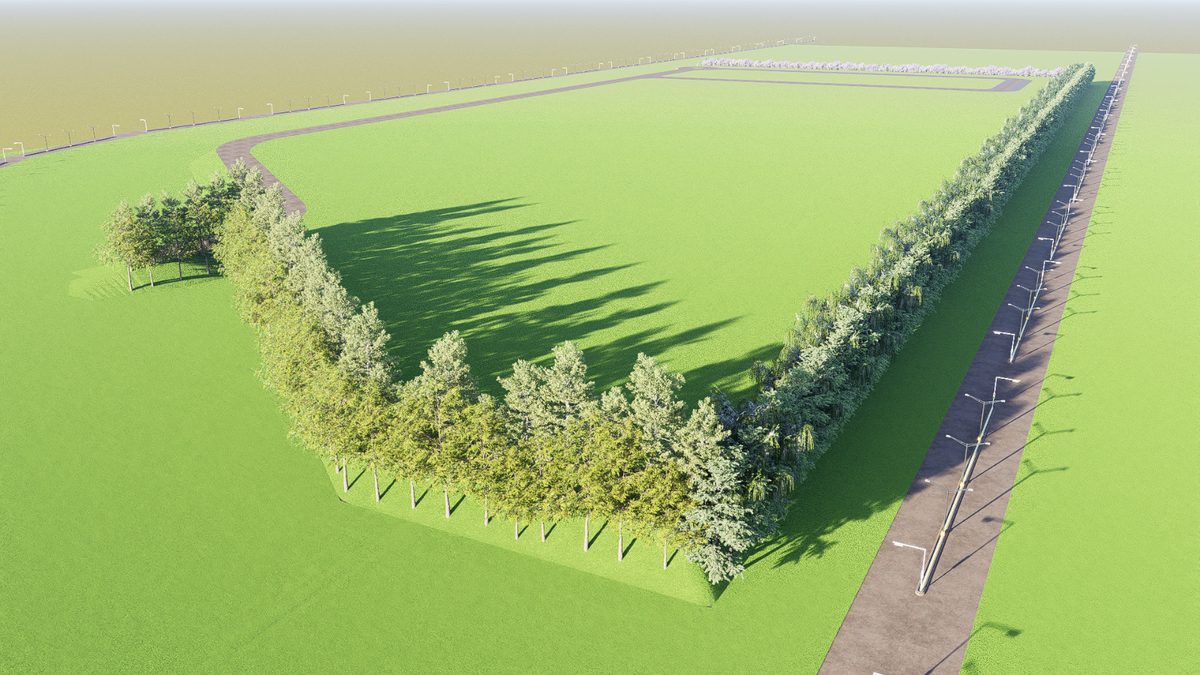 Render de diseño paisajístico con cortina forestal perimetral